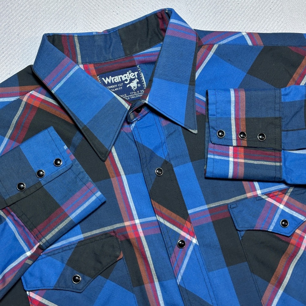 Vintage Wrangler Western Pearl Snap Shirt Mens 17.5-35 Cowboy Cut Blue Plaid